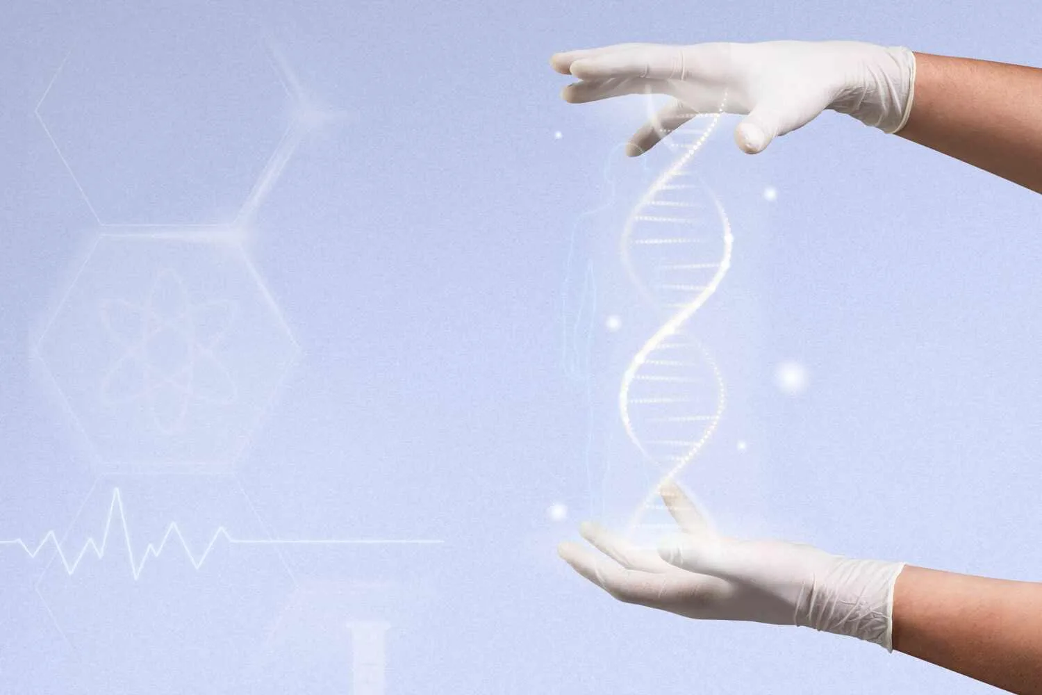 Gloved hands surrounding a glowing DNA strand, symbolizing the role of Genetics in mental health and anxiety disorders Gloved hands surrounding a glowing DNA strand, symbolizing the role of Genetics in mental health and anxiety disorders