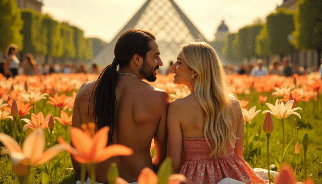 AI generated image of lovers kissing in a meadow