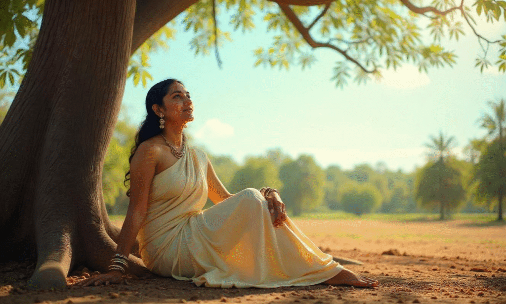 A serene Indian woman sits under a large banyan tree at golden hour. She wears a traditional sari, gently flowing in the breeze. Soft rays of sunlight filter through the leaves, creating a warm, dappled light on her face. She looks up at the open sky with quiet wonder and introspection, her eyes reflecting a sense of longing or peace. Bangles on her wrists softly clink as she adjusts her posture. The background carries ambient nature sounds — rustling leaves, distant birdsong. The scene moves slowly, evoking stillness, beauty, and reflection.